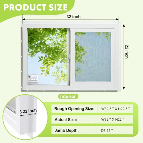 3.22" Thickness 32" x 22" Vinyl Sliding Basement Window,Low-E Glass with Argon Gas,Double-Pane Insulated Tempered Clear Glass,Half Screen Included,White - size: 32"x22"