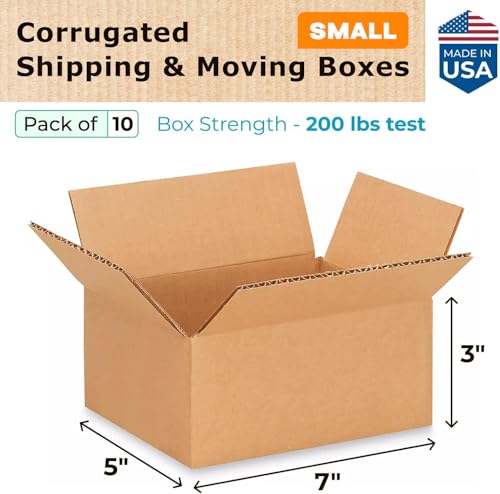 Small Moving & Shipping Boxes 7x5x3 inches (10-Pack) - Extra Strength 200 lb vs Regular - USA-Made Corrugated Moving Boxes for USPS/UPS/FEDEX - Strong Shipping Box - Cardboard Box by IDL Packaging - size: 7 * 5 * 3" (Small Boxes)