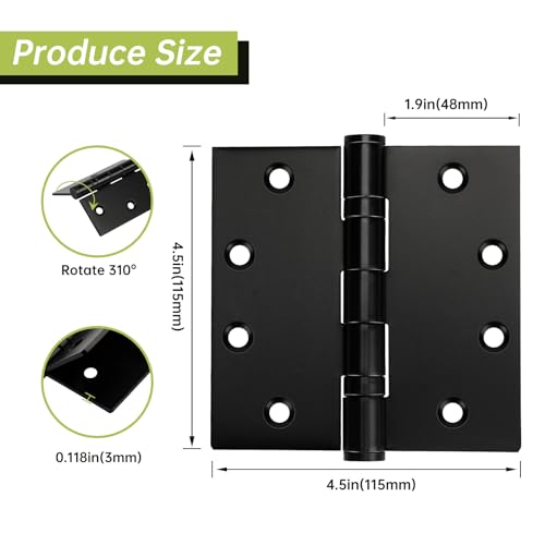 6 Pack Black Door Hinges 4.5 x 4.5 Inches, Heavy Duty Stainless Steel Ball Bearing Hinges with Screws, Square Corner, Smooth and Quiet - size: 4.5x4.5inch - 6 Pack