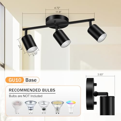 BoostArea LED 3 Light Track Lighting Kit, Black 3 Way Ceiling Spot Lighting, Flexibly Rotatable Light Head for Kitchen, Living Room, Bedroom, GU10 Bulb Not Included - color: 3 Light