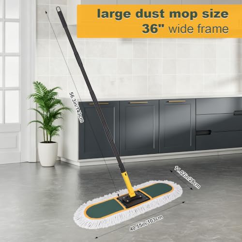 36" Commercial Dust Mop: Heavy Duty Industrial Floor Duster with 2 Cotton Reusable Mop Pads - 59 Inch Long Handle Wet Dry Flat Mops for Floor Cleaning (Green) - color: 36 Inch-2 Green Mop Pads