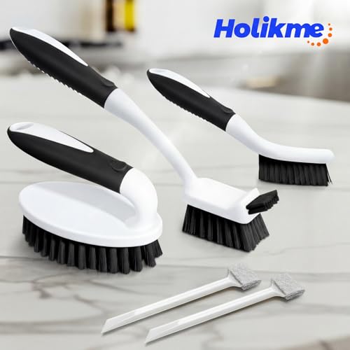 Holikme Cleaning Brush Set for Household Use, Scrub Brush, Kitchen Brush, Tile Lines Brush for Bathroom, Floor, Tub, Shower and Kitchen Surface (Charcoal) - color: Charcoal