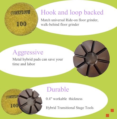 Hybrid Transitional Diamond Polishing Pucks for Concrete Terrazzo Floor, Aggressive Hook and Loop Grinding Pads, 3 Inch Sharp Copper Bond Disc, 100#, 3PCS - style: 100#