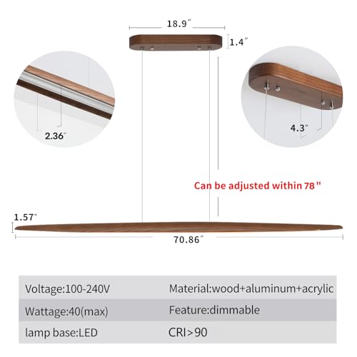 YISDESIGN 71" Wood Linear Pendant Light Wood Linear Dinning Room Light Island Lights LED Dimmable Chandelier 40w for Dining Room Billiard & Pool Table Walnut Color - color: Walnut, size: 71in