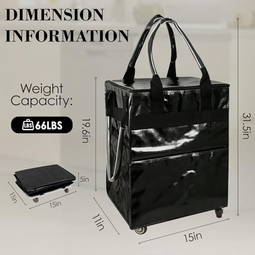 Reusable Grocery Bag on 4 Swivel Wheels, 60L Large Rolling Tote Bag - color: Black