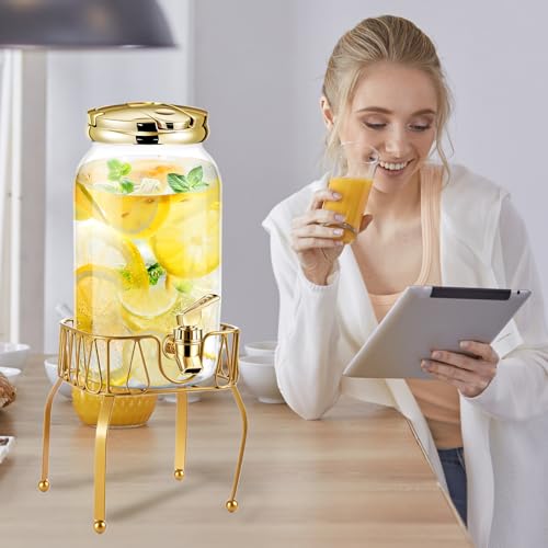 Tanlade 2 Pcs Plastic Drink Dispenser with Metal Stand 1 Gallon, Gold - color: Gold
