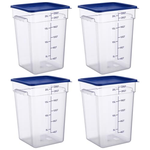 4 Pcs Food Storage Containers Set, 22 Quart Square Plastic Commercial Food Storage Bins with Lids, Clear Organizer Boxes with Measurement Scale, Ideal for Home Kitchen, Supermarket & Restaurant