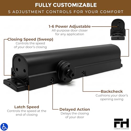 Finsbury Commercial Black Door Closer Automatic Heavy Duty High Traffic Adjustable ANSI/BHMA Grade 1 Standard, UL Listed ADA Compliant Hydraulic Backcheck Delayed Action Latch Speed 1-6 Power (Black) - color: Black