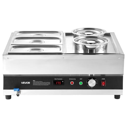 VEVOR Electric Soup Warmer, Two 6.34QT Pots & Three 1/3 Pans, Stainless Steel Commercial Food Warmer with 86~185°F Adjustable Temp, 1500W Bain Marie, Soup Station for Restaurant, Buffet - size: 2×6L Pots and 3×1/3 Pans