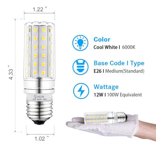 LED Light Bulb 100w Equivalent 1200 Lumen 6000K Cool Daylight White 12W LED Super Bright Bulb E26 Base Non-Dimmable Chandelier Light Bulbs for Home Indoor LED Corn Light Bulb Pack of 4 - color: E26-12w-6000k-4pcs