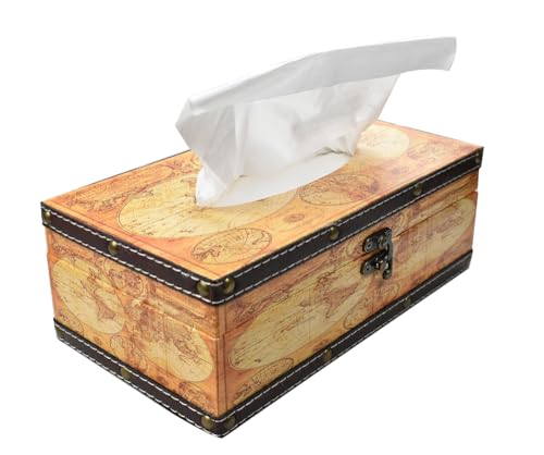 Wood Tissue Box Cover with PU Leather & Vintage Pattern - Rectangle Decorative Tissue Holder for Home, Car, Office, Bathroom, Desk - Fits Standard Medium Tissues with Lid (Yellow map) - color: Yellow Map
