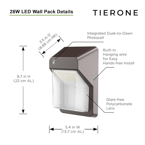 TIERONE LED Wall Pack Light with Dusk-to-Dawn Photocell Outdoor Wall Mount Security Lighting 28W 3000LM 4000K Daylight 120-277V UL Listed 2PACK - color: Bronze-2PK, size: 28W