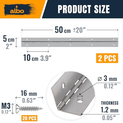 ALBO 20" x 2" Piano Hinge Stainless Steel 304, Silver, 2-Pack - color: Silver, size: 20 Inch