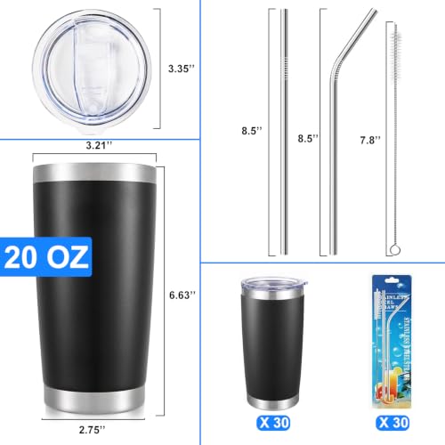 20oz Tumbler Bulk,30 Pack Double Wall Stainless Steel Vacuum Insulated Tumbler with Lid and Straw,Travel Coffee Mug,Leak Proof Powder Coated Tumbler for Cold&Hot Drinks,Black