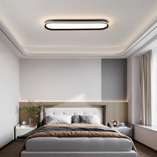 ADISUN Modern LED Ceiling Light Dimmable Linear Ceiling Light 31in Semi Flush Mount Long Lights with Remote Control and Side Lighting for Living Room Kitchen Dining Room (65W) - color: Black-1Pack, size: 31 Inch