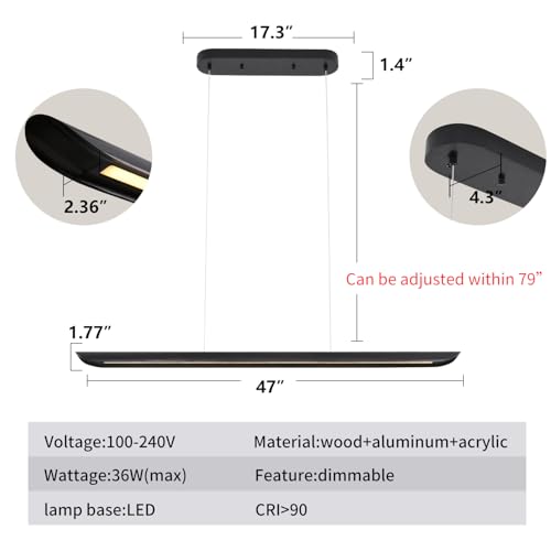47" Modern Led Linear Pendant Light 36w Dimmable Ceiling Hanging Lights Wood Linear Chandeliers Office Lighting for Dining Room Kitchen Island Pool Table Light Living Room Bar Pendant Light Black - color: Black, size: 47IN