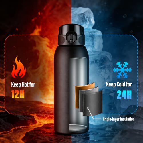 Insulated Water Bottle 24 oz with Dustproof Lid, Carry Handle & Tea Infuser, BPA-Free & Leakproof, Stainless Steel Water Bottles Ideal for Fitness, Hiking, Office & Outdoor Use (Black) - color: Black, size: 24 Ounces