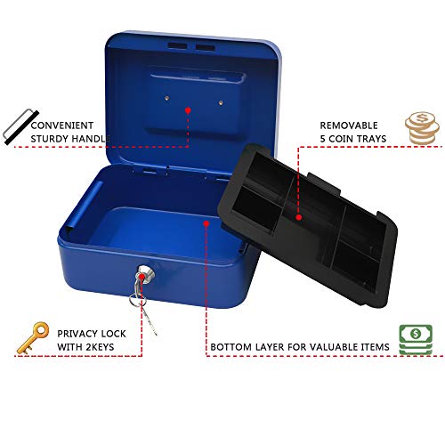 KYODOLED Cash Box with Money Tray,Storage Safe Lock Box with Key,Cash Drawer,7.87"x 6.30"x 3.54" Blue Medium - color: Blue, size: Medium