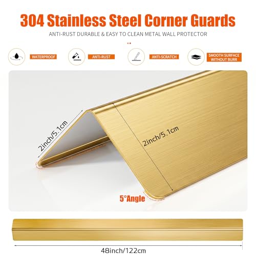 10pcs Wall Corner Guards 2x2x48 Inches 304 Stainless Steel Heavy Duty Rounded Corner Protector, Smooth Folded Edge Design for Wall Protection Golden - color: Golden, size: 2x2x48 Inches