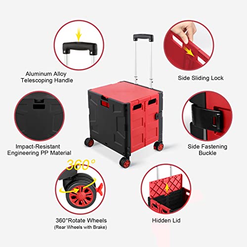 FELICON Folding Utility Cart Rolling Crate Handcart Basket Tote-Red+Black - color: Red+black, size: FW548-Hidden Lid