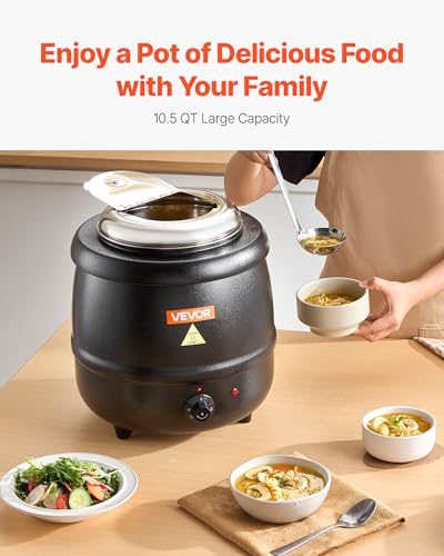 VEVOR Electric Soup Warmer, 10QT Commercial Soup Kettle with 304 Stainless Steel Detachable Insert Pot, 95~176°F Adjustable Temperature, Soup Station for Restaurant and Big Family, Black - size: 1-Pot