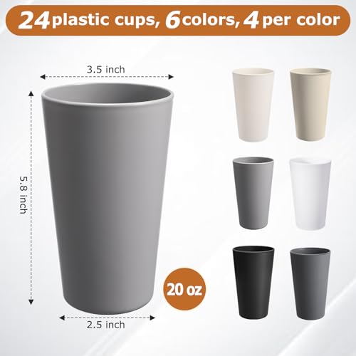 HEYCOME 24 Pcs Unbreakable Plastic Cups Set, 20 oz Reusable Plastic Cups, Stackable Drinking Cup for Kitchen, Outdoor, BPA-free, Dishwasher Refrigerator and Microwave Safe (20 oz, 6 Colors) - color: 6-Gray Multicolor, size: 20 oz