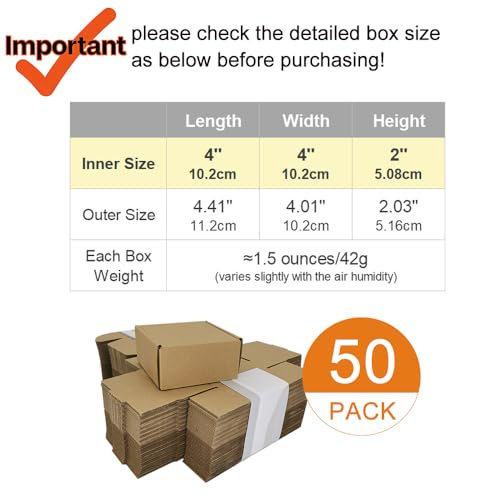 50 Pack 4x4x2'' Small Shipping Boxes, Corrugated Cardboard Mailers for Business, Kraft (CM442K) - color: Kraft-50 Pack, size: 4x4x2''