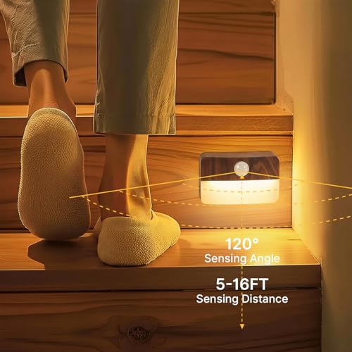 Guankai 16 Pack Motion Sensor Stair Light for Indoor, Battery Operated Closet Lights, Wireless Stick on Anywhere Hallway Lamp, Portable Led Night Lamps for Bedroom Under Cabinet Kitchen, Wood Grain - color: Wood Grain - Battery Powered, size: 16 Pack