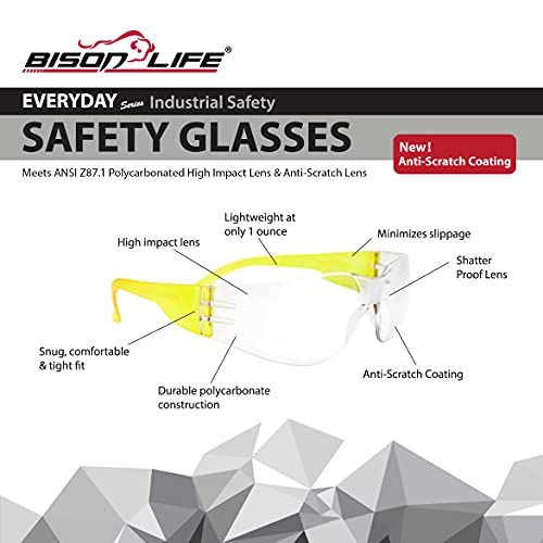 BISON LIFE Clear/Yellow Safety Glasses for Men & Women, ANSI Z87.1, 12 Pack - color: Clear/Yellow