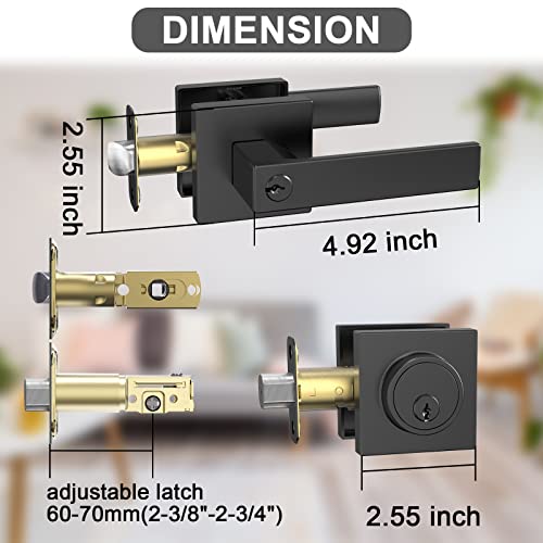 BAOLONG Modern Square Entry Lever Door Handle and Single Cylinder Deadbolts, Combo Pack Locking Lever Handle Set Matte Black Keyed Alike 5 Pack - size: 5 Pack