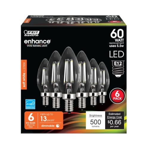 Feit Electric B10 Enhance LED Light Bulb, 60W Eq, Torpedo Tip, 6 Pack - color: 2700k Soft White, size: 6 Count (Pack of 1), style: 60-Watt LED