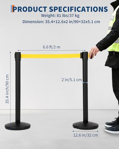 6-Pack Crowd Control Barrier, Metal Stanchion Posts with 6.6ft / 2m Retractable Belts & Metal Base, Commercial Line Dividers for Stores, Airport Lines and Event Entry (Yellow Rope) - size: 6-Pack