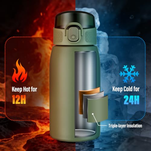 Insulated Water Bottle 12 oz with Dustproof Lid, Carry Handle & Tea Infuser, BPA-Free & Leakproof, Stainless Steel Water Bottles Ideal for Fitness, Hiking, Office & Outdoor Use (Olive Green ) - color: Olive Green, size: 12 Ounces