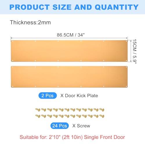 uxcell 2pcs Door Kick Plate, 6 x 34 Inches Aluminum Kick Plate Door Plate, 2 mm Thickness, for Exterior Front Door or Back Door, Gold - color: Gold, size: 6 x 34 Inch