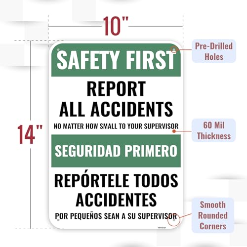 1PC Safety Sign, 14 x 10 Inches - Aluminum - Safety Decorations Posters For Workplace - Bilingual Spanish - color: Report All Accidents