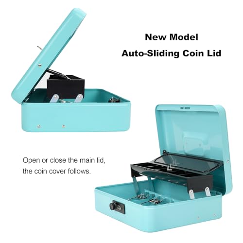 Cash Box with Combination Lock & Auto-Pop Coin Tray – Secure Steel Money Box with 4 Upgraded Finger-Safe Bill Clips, Premium Smooth Scratch-Resistant Coating, 11.8", Combo Teal - color: Combo Teal
