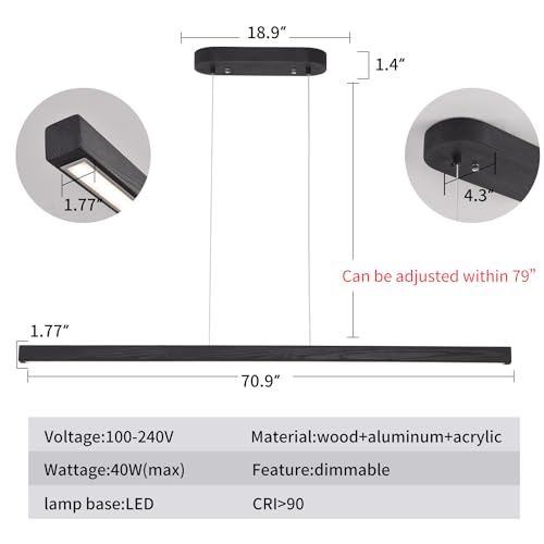 YISDESIGN 71" Black Linear Pendant Light Wooden Led Linear Pendant Light Fixtures Ceiling Hanging Dimmable Pendant Lights for Dining Room Kitchen Island Pool Table Lights Black Wood Finish - color: Black, size: 71in