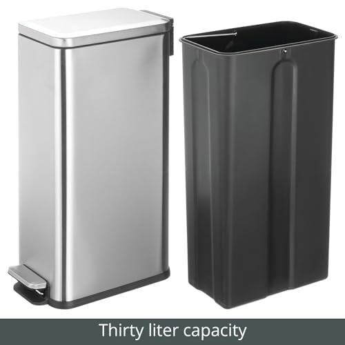 mDesign Slim Metal Rectangle 7.9 Gallon Trash Can with Step Pedal, Easy-Close Lid, Removable Liner - Narrow Wastebasket Garbage Container Bin for Bathroom, Bedroom, Kitchen, Office - Brushed Chrome - color: Brushed, size: 7.9 Gallon