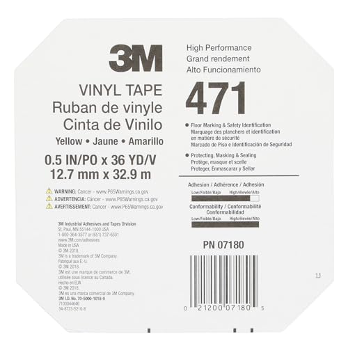 3M Vinyl Tape 471, 1/2 in x 36 yd, Yellow, 1 Roll, Yellow Floor Tape - size: 1/2 in x 36 yd, style: 1 Roll