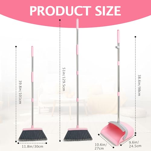 2-Pack Broom and Dustpan Combo Set,51" Long Handle,Grey Pink - color: Pink 2-pack