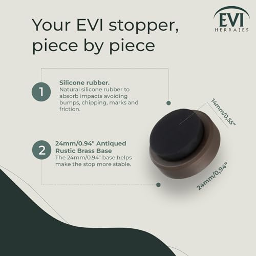 EVI Door Stoppers | Solid Brass Wall Door Stop - Adhesive and Screw Fastering - Black Protector Rubber - 0.94 x 0.55 Inch Door Stop - color: Rustic Brass - Black Rubber