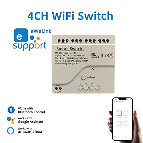 4 Channel Smart Switch, Momentan/Locking WiFi Relay, eWeLink App Bluetooth Control Switch, DIY Smart Home, Compatible with Alexa Google Home - color: 4 Channel AC/DC7V-32V, size: Ewelink