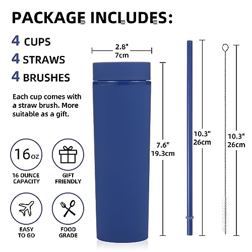 Volhoply 16oz Plastic Skinny Tumbler with Lid and Straw Bulk 4 Pack,Insulated Double Wall BPA Free Matte Acrylic Tumblers,Iced Coffee Travel Mug Reusable Party Cup,Customizable Diy Gifts(Navy,4 Set) - color: Navy