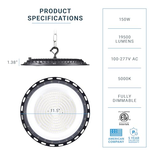 PARMIDA (2 Pack) UFO LED High Bay Light, 150W, ETL, Dimmable 0-10V, 5000K, IP65 Waterproof 19500LM Commercial Bright Shop Light Fixture for Factory, Warehouse, Workshop, Barn with 5' US Plug, US Hook - color: 5000K (Day Light)