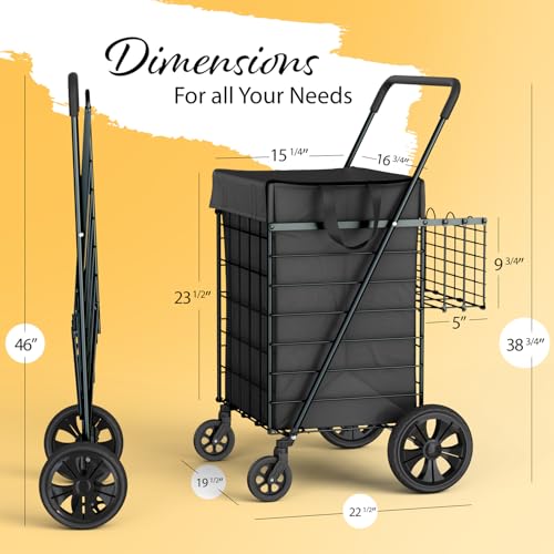 Our Modern Space Shopping Cart w/Waterproof Basket Liner & Large 360° Swivel Wheels | Foldable Collapsible & Lightweight | Perfect for Groceries Laundry Utility Cart - Black - color: Black, size: Extra Large