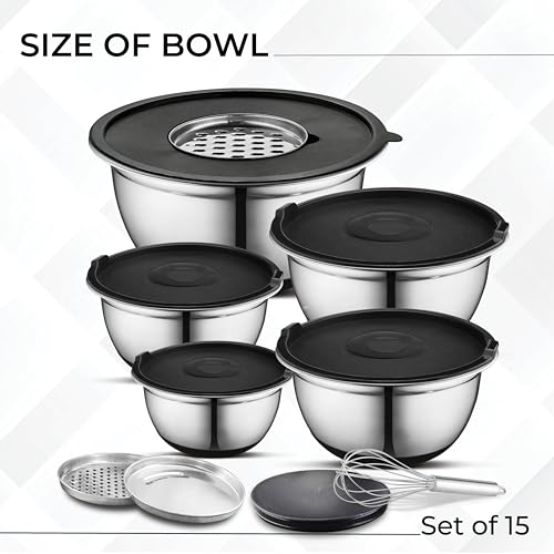 AVADOR Premium Brushed Stainless Steel Mixing Bowls Sets, Easy To Clean, Space Saving, Great for Cooking, Baking, Prepping Needs 0.25qt, 1qt, 1.5qt, 3qt, 5qt (9 pc Anti Slip with Lid and Graters) - size: 9 pc (0.25 qt, 1 qt, 1.5 qt, 3 qt, 5 qt)