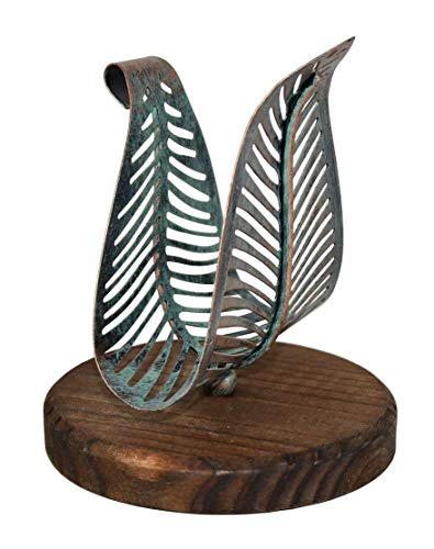 OwlGift Freestanding Modern Napkin Holder w/Golden Turquoise Metal Leaf & Brown Wooden Base Design, Tabletop Tissue Dispenser, Napkin Storage Organizer - color: Brown / Golden Turquoise
