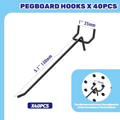 40Pcs 6" /150mm Stainless Steel Pegboard Display Hooks Bulk Set, Black Garage Organization Peg Wall Hook Metal Slatwall Panel Hook Fit 1/8 and 1/4 Inch Pegboard for Retail - color: Black, size: 6 inch/150mm