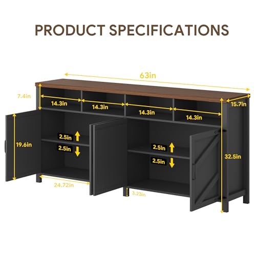 knoworld Buffet Sideboard with Storage Farmhouse, Large Kitchen Storage Cabinet Wood Coffee Bar Cabinet Buffet for Kitchen, Living Room, 63in, Black - color: Black, size: 63"W