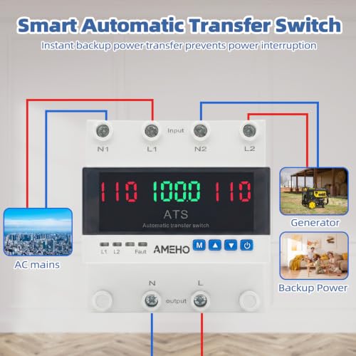 Automatic Transfer Switch, 110V Digital Display ATS Transfer Switch, 50/60Hz Dual Power Changeover Switch for Generator, Home Commercial Industrial Use (100A) - size: 100A